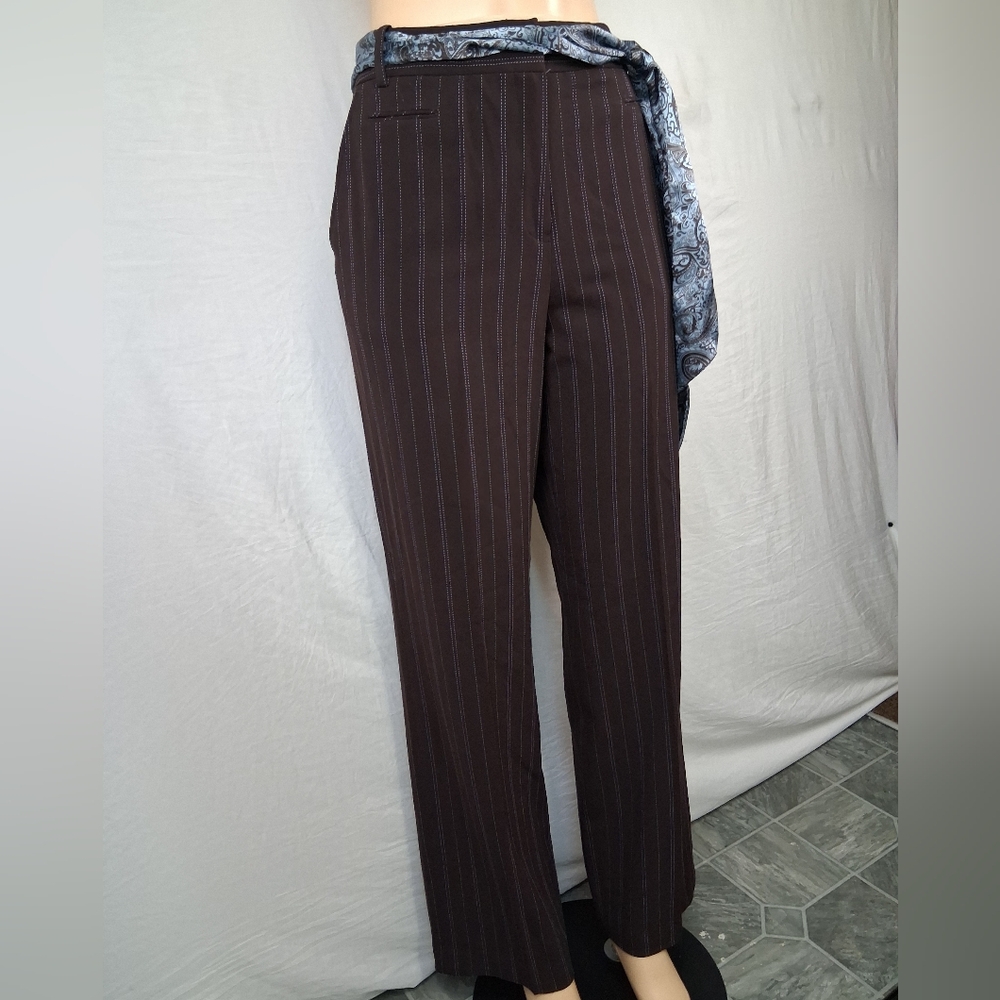 Larry Levine Brown Pinstripe Wide-Leg Pants with Blue Stitching Size 10 - Picture 6 of 16